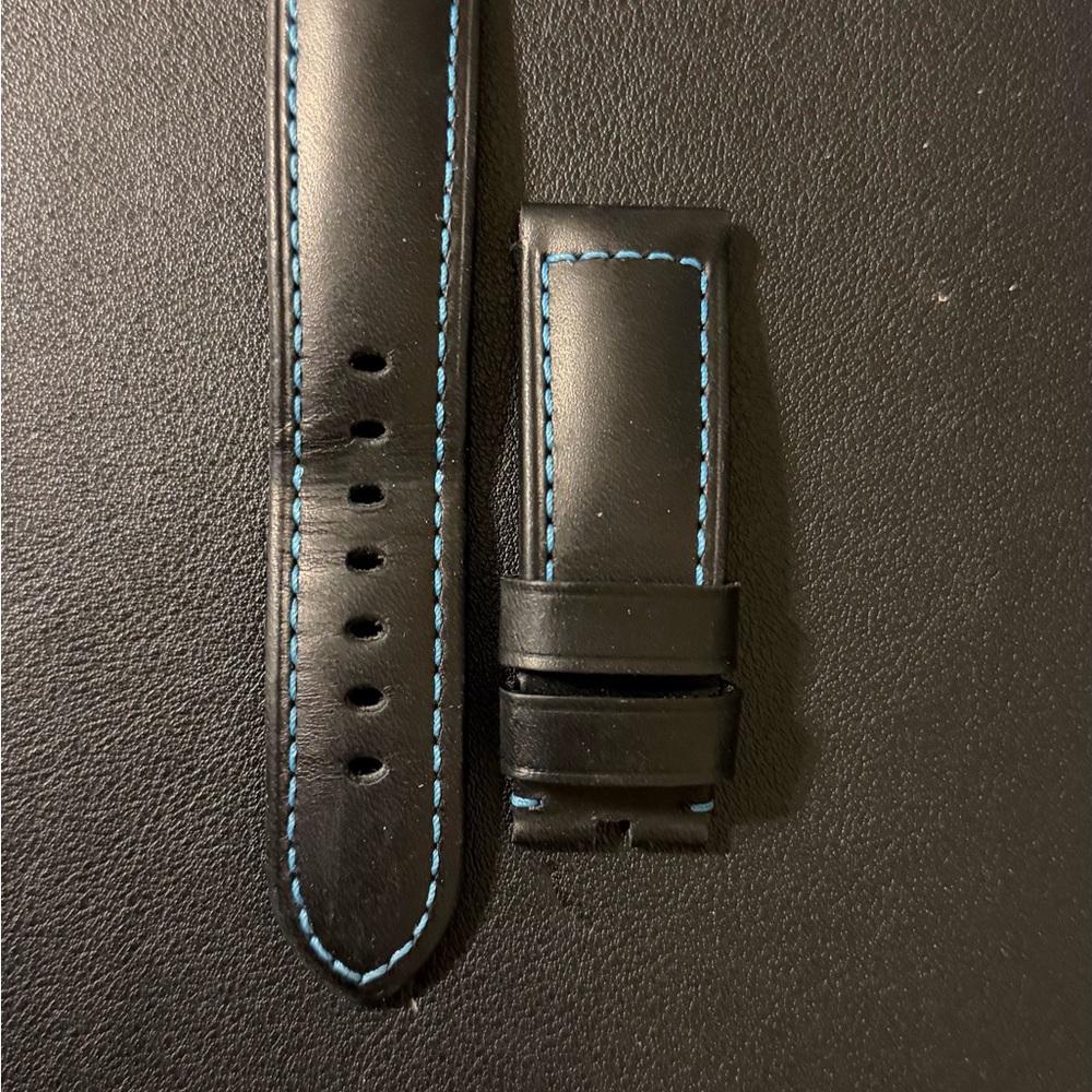 Black Calfskin Leather Watch Strap with Blue Stitching